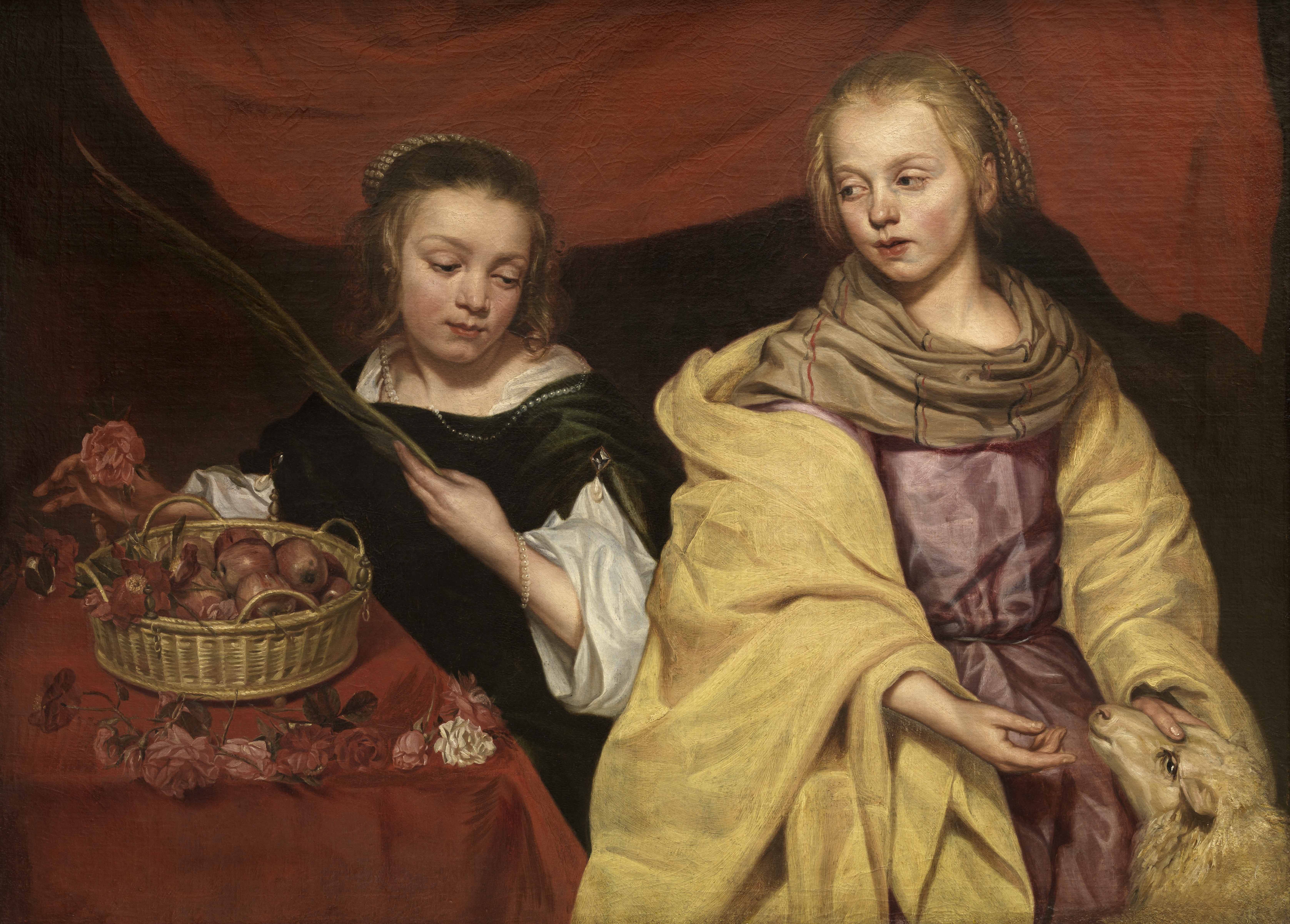 Schilderij Twee meisjes als de heiligen Agnes en Dorothea van Michaelina Wautier