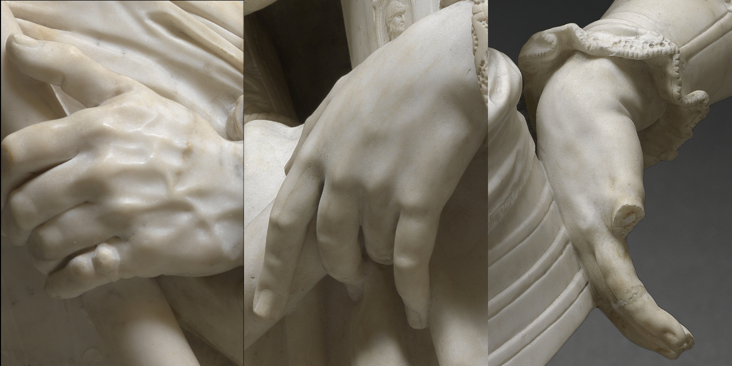 Detailopname van de handen van de verschillende bustes