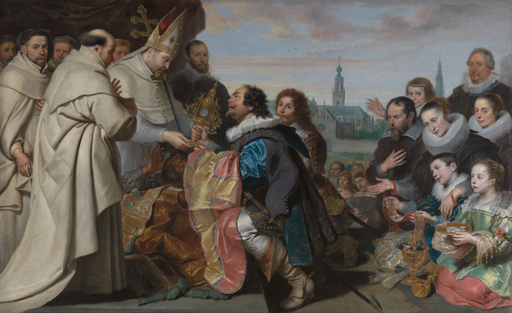 De teruggave van de kerkschatten aan de heilige Norbertus na de overwinning op de ketterij van Tanchelmus, met portret van de familie Snoeck, Cornelis de Vos, KMSKA
