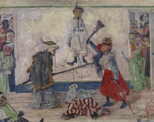geraamten-twistend-om-een gehangene-james-ensor-kmska.jpg Schilderij Geraamten twistend om een gehangene van James Ensor